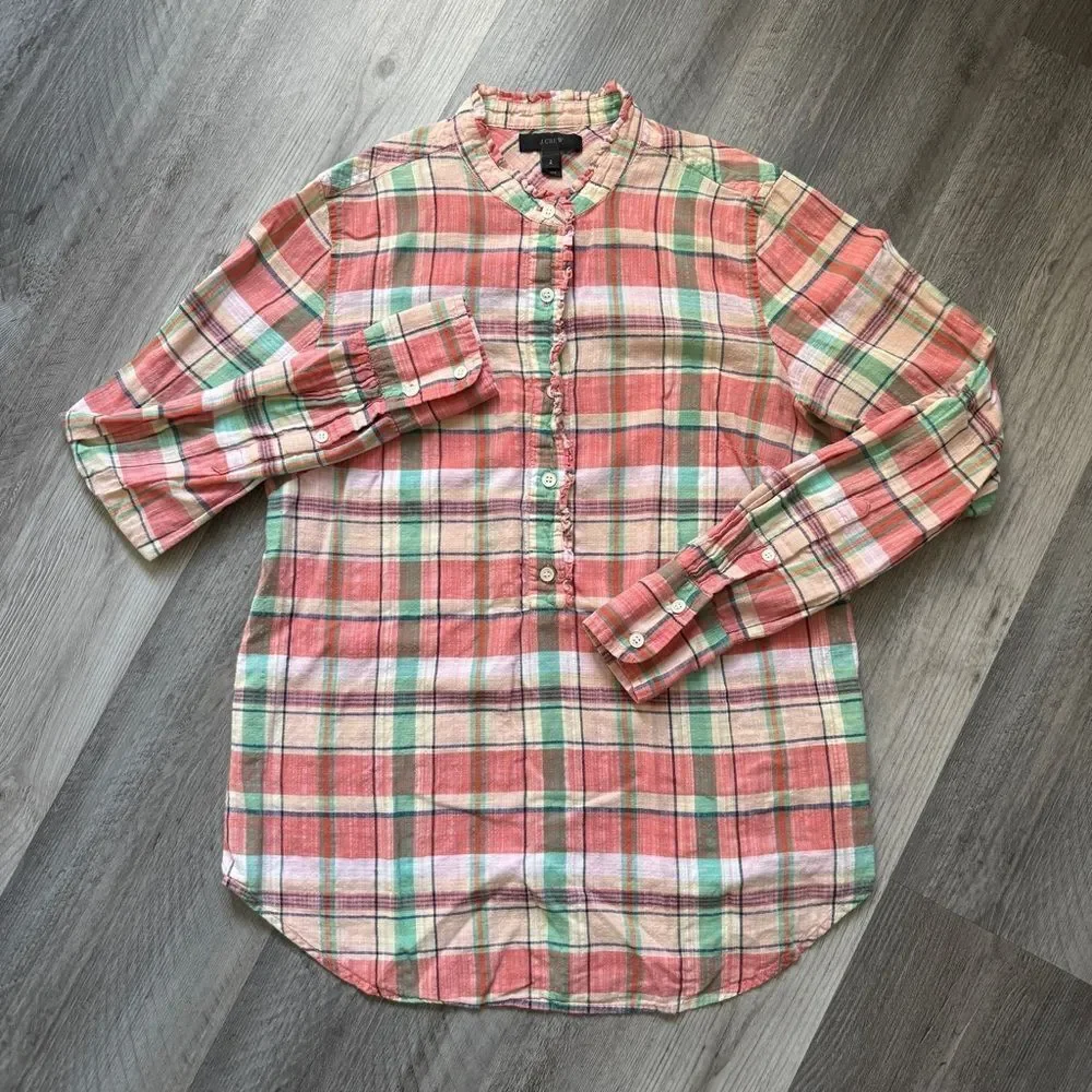 J.Crew Plaid Ruffle Half Button Down Popover Top 2